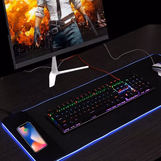 Tapis de clavier personnalisé à chargement rapide sans fil 15W, lumière LED RGB, tapis de souris de jeu avec chargeur sans fil, tapis de bureau